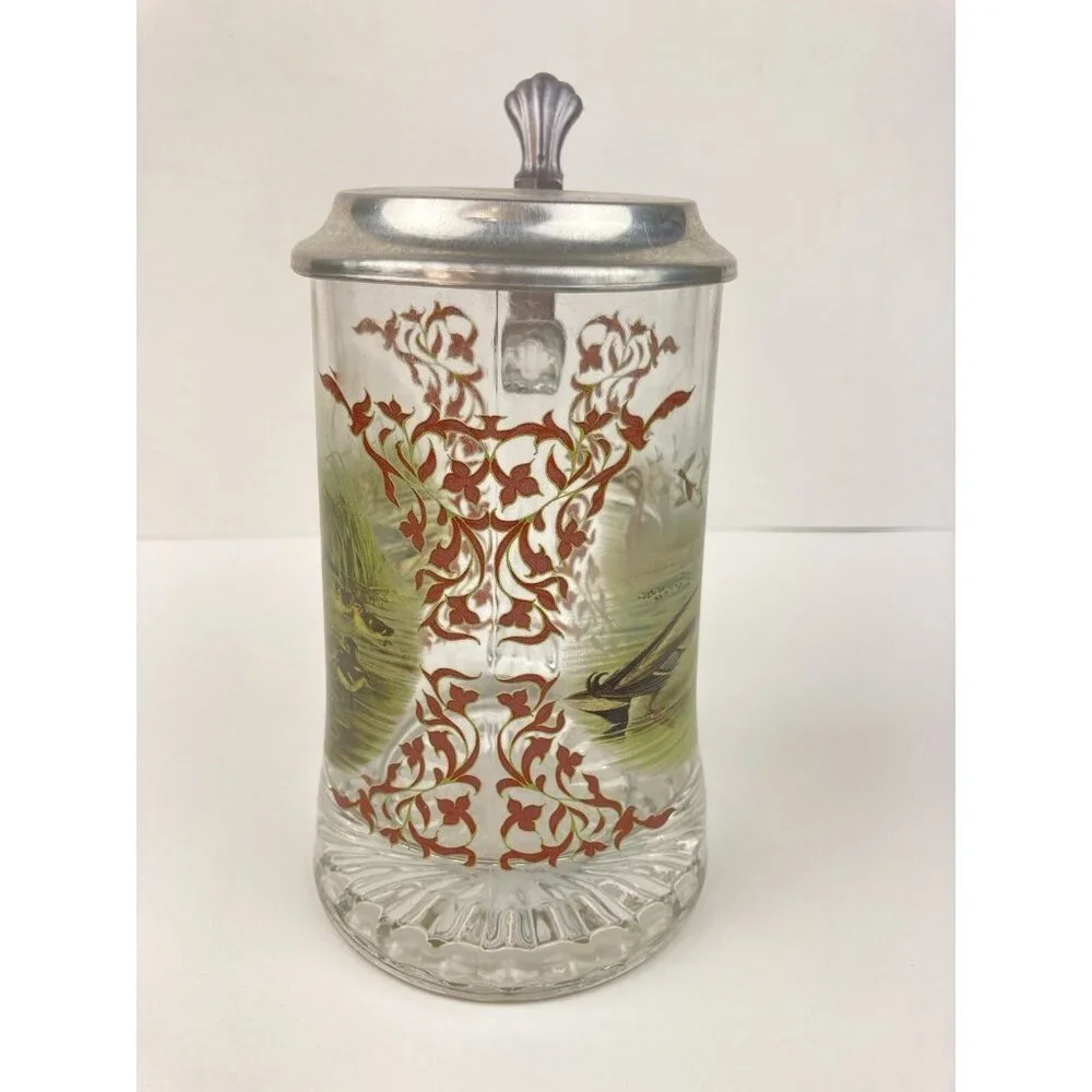 Set of 7 Vtg Glass Beer Stein Silver Top Colored Wildlife Forest Scene 6.5